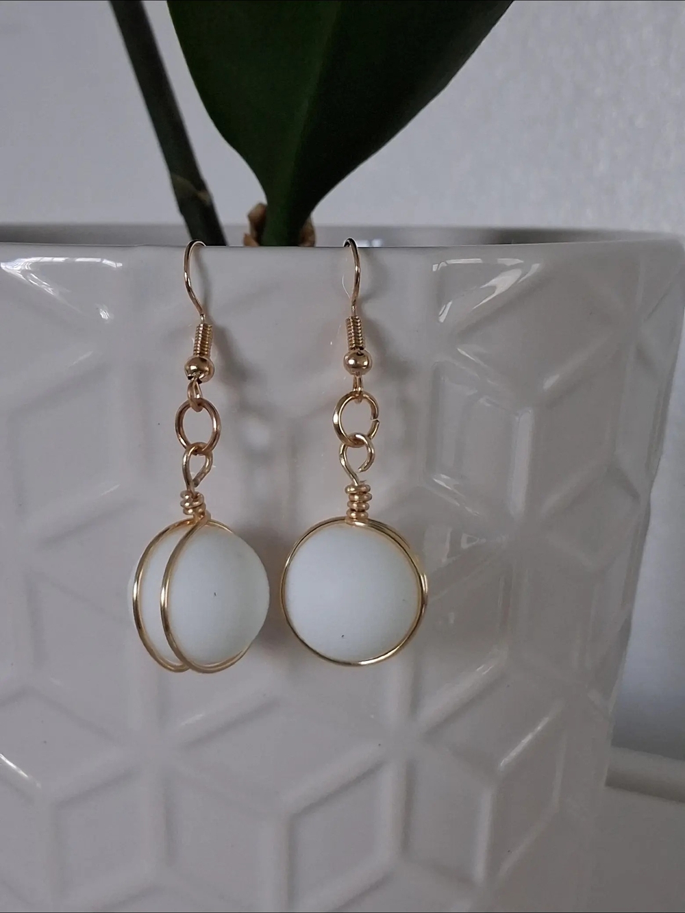 Gold Wire-Wrapped White Orb Drop Earrings